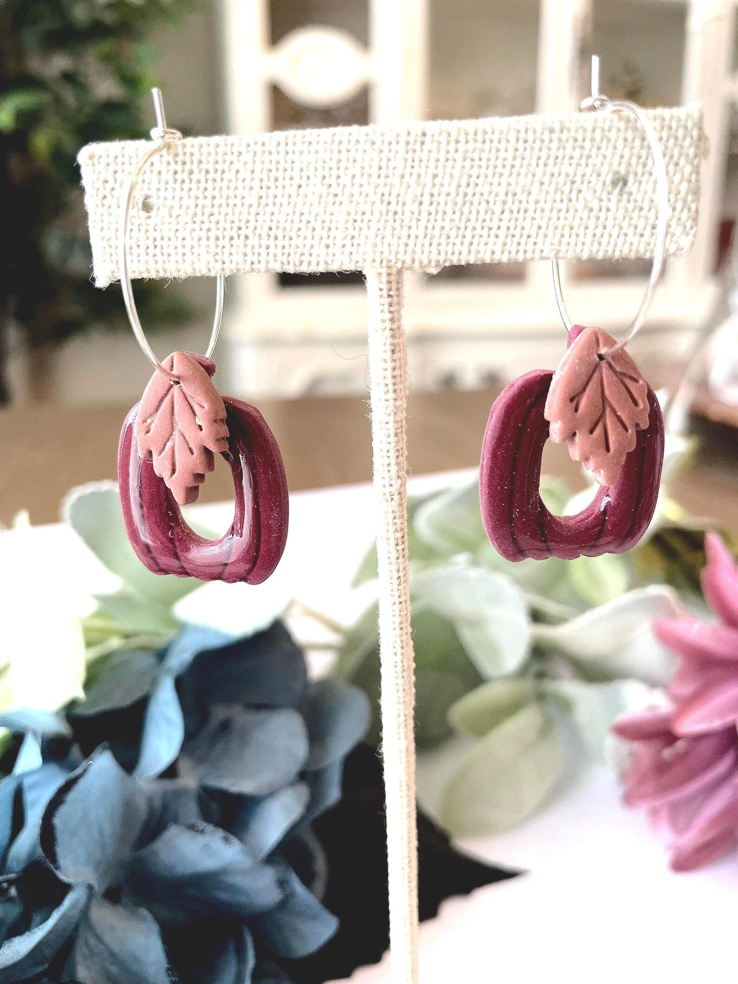 Burgundy Floral Polymer Clay Earrings | Lightweight Dangle, Nickel-Free
