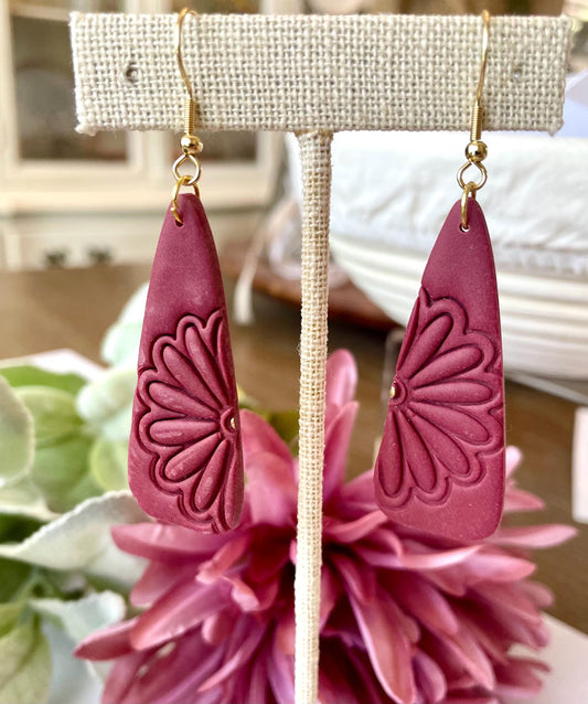 Burgundy Floral Polymer Clay Earrings | Lightweight Dangle, Nickel-Free