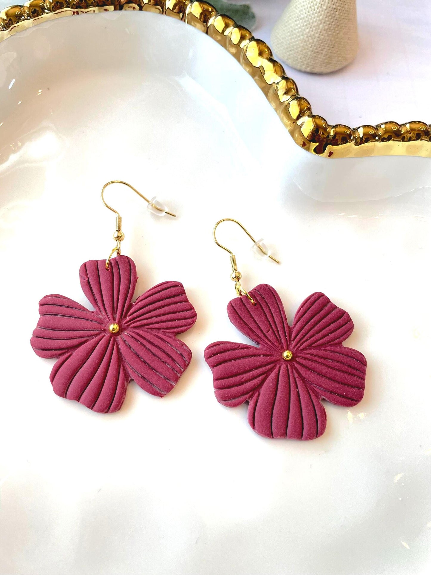 Burgundy Floral Polymer Clay Earrings | Lightweight Dangle, Nickel-Free