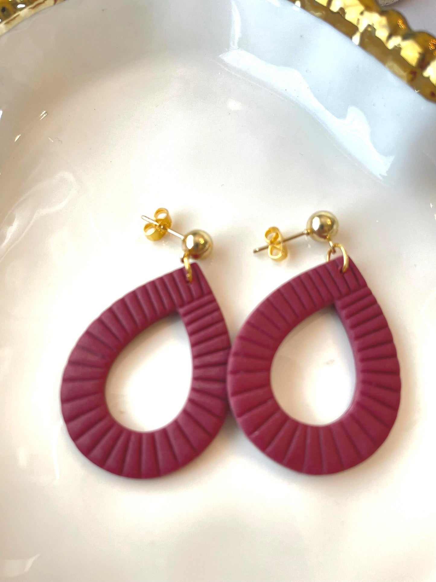 Burgundy Floral Polymer Clay Earrings | Lightweight Dangle, Nickel-Free