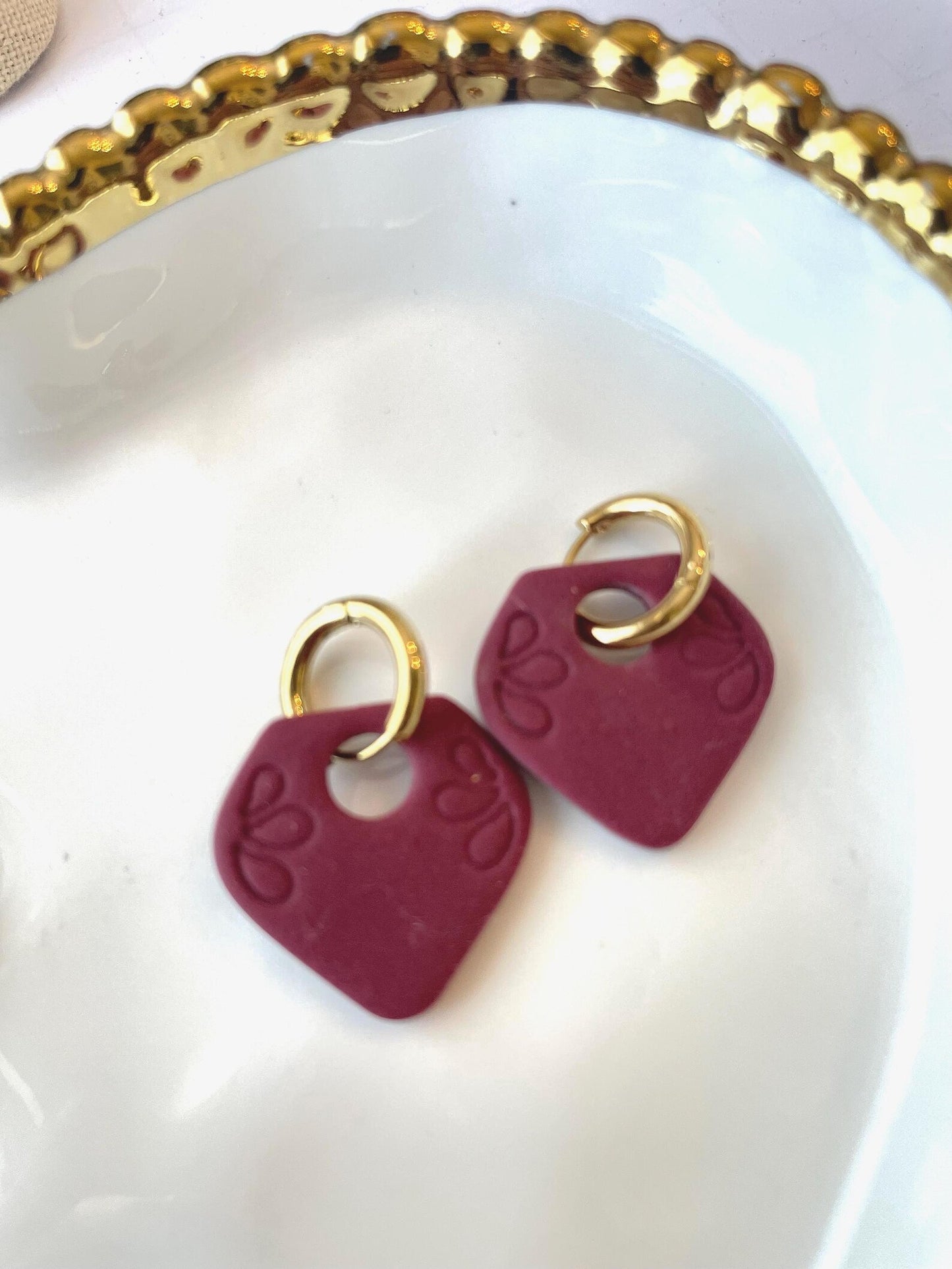 Burgundy Floral Polymer Clay Earrings | Lightweight Dangle, Nickel-Free