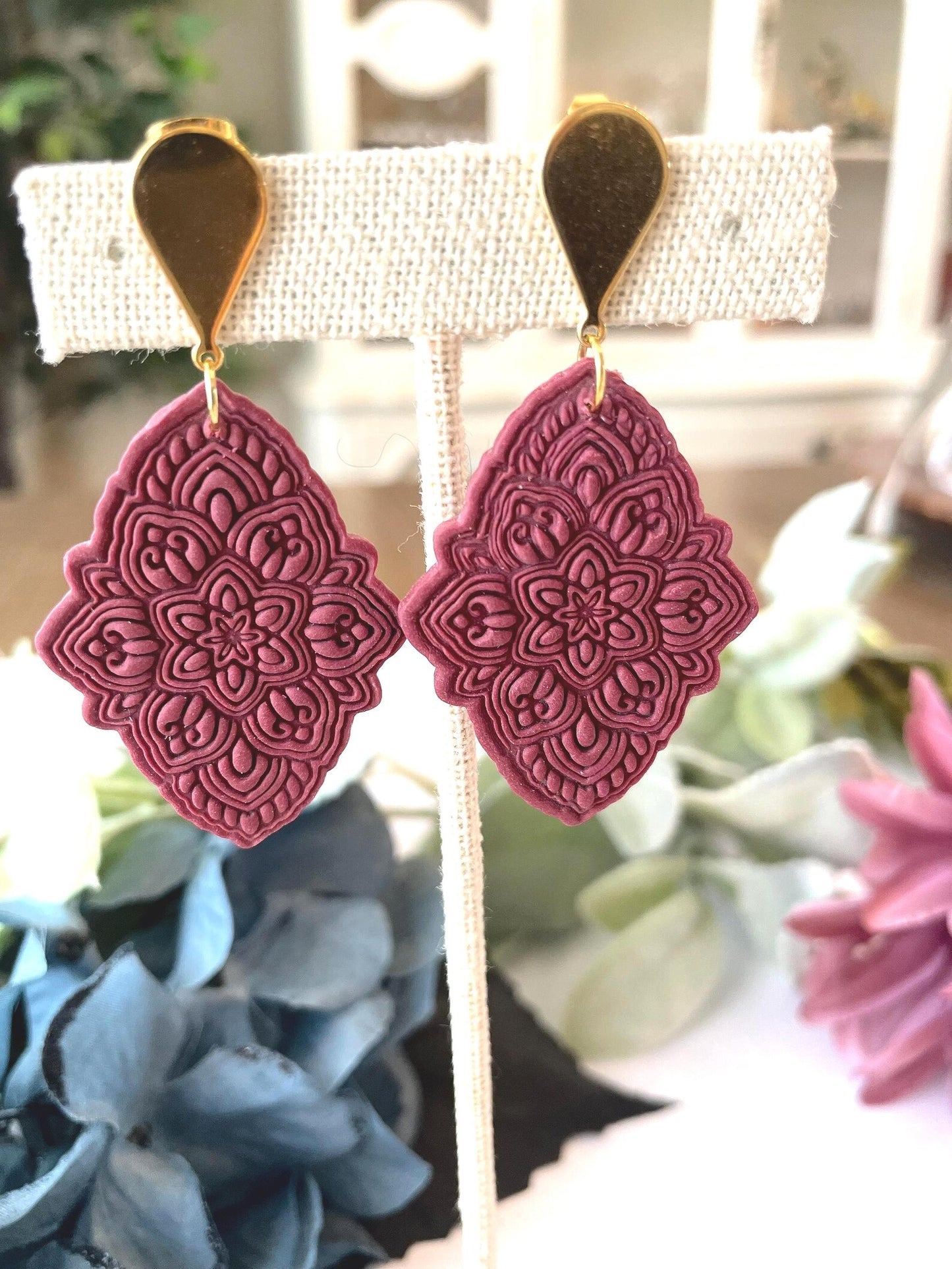 Burgundy Floral Polymer Clay Earrings | Lightweight Dangle, Nickel-Free