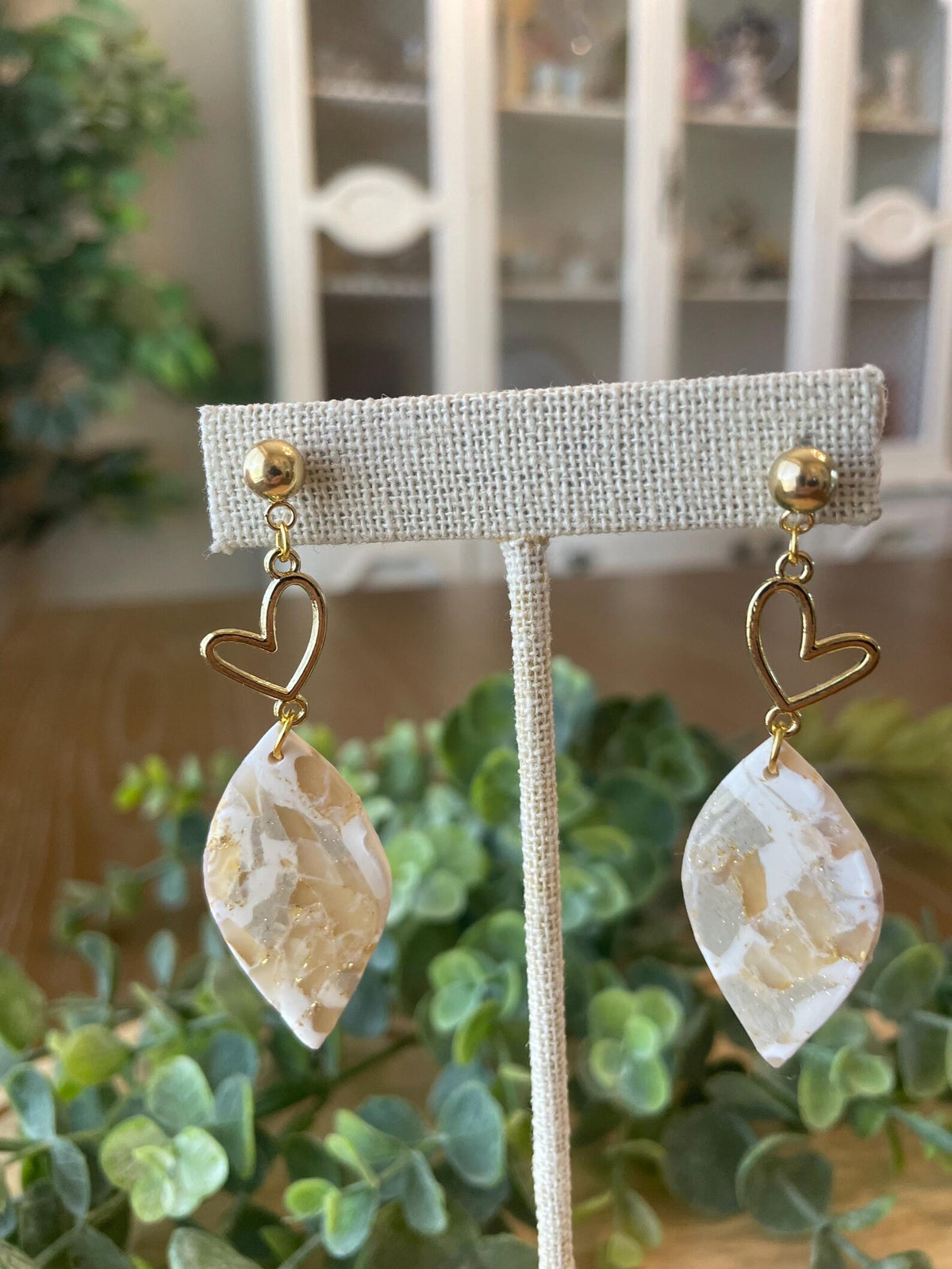 Gold/White Marbled Earrings | Polymer Clay Earrings