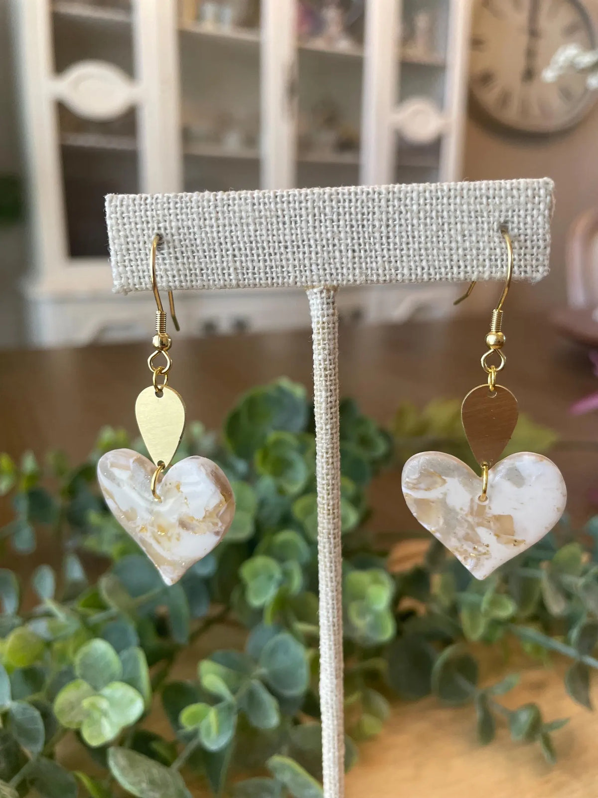 Gold/White Marbled Earrings | Polymer Clay Earrings