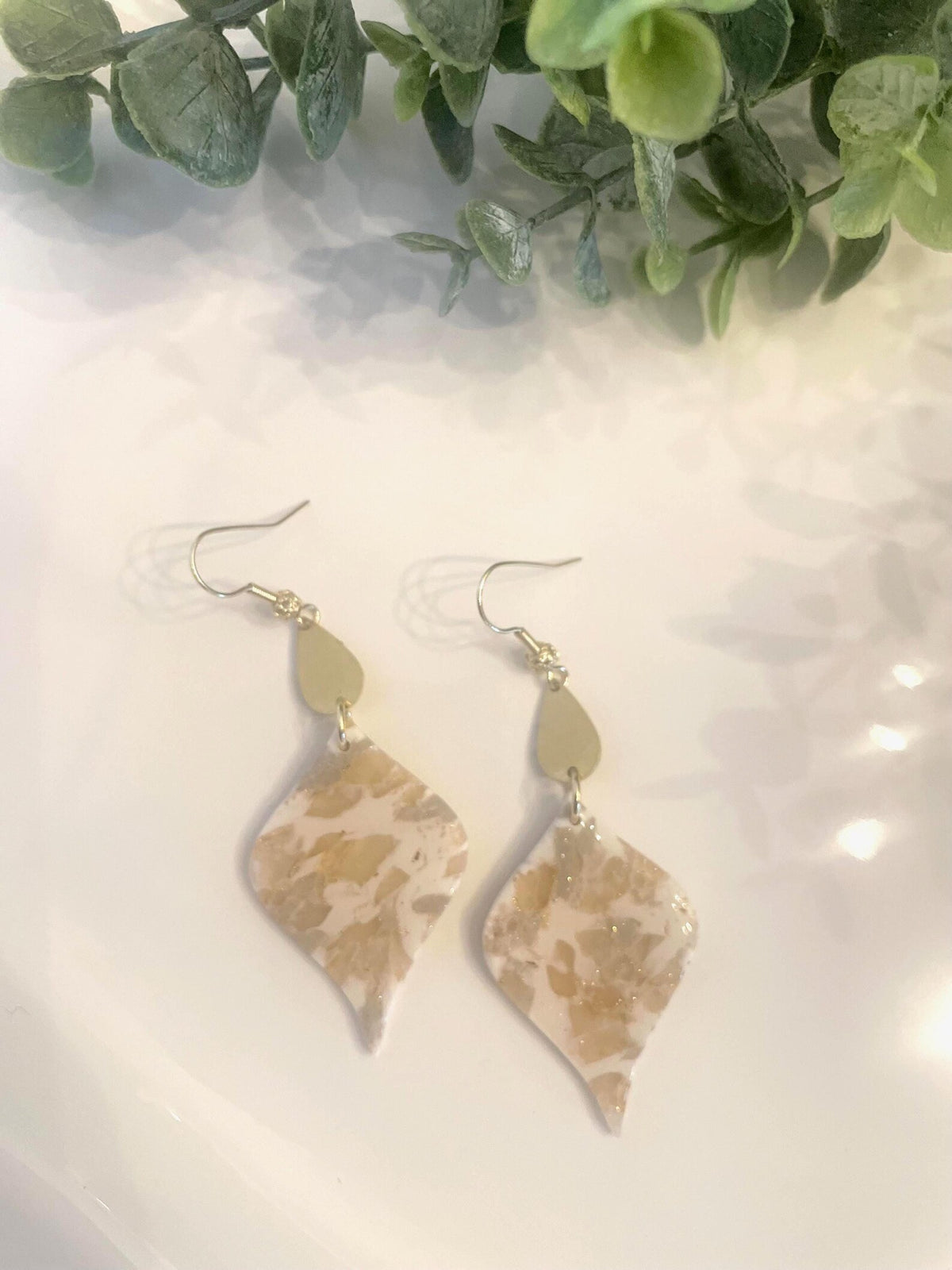 Gold/White Marbled Earrings | Polymer Clay Earrings