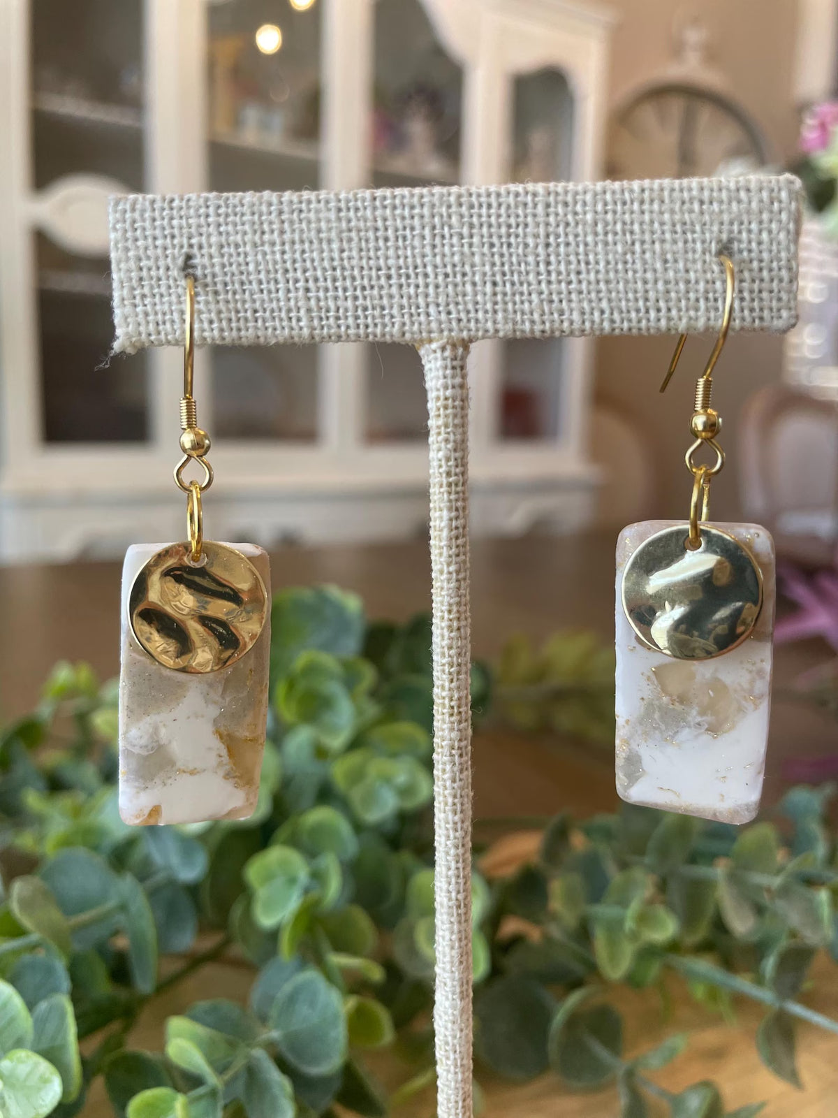 Gold/White Marbled Earrings | Polymer Clay Earrings
